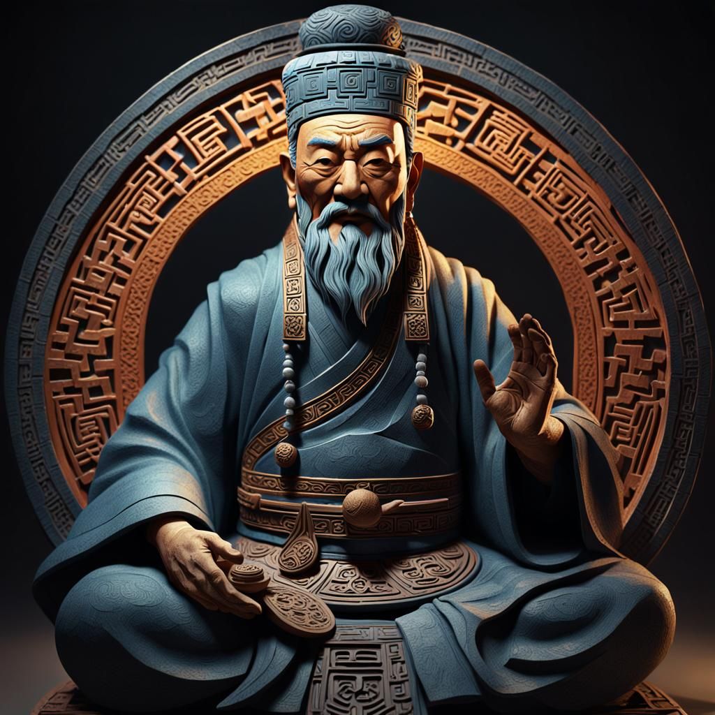 Oriental Sage Sculpture with Luo Shu Patterns: Hyperrealisti...