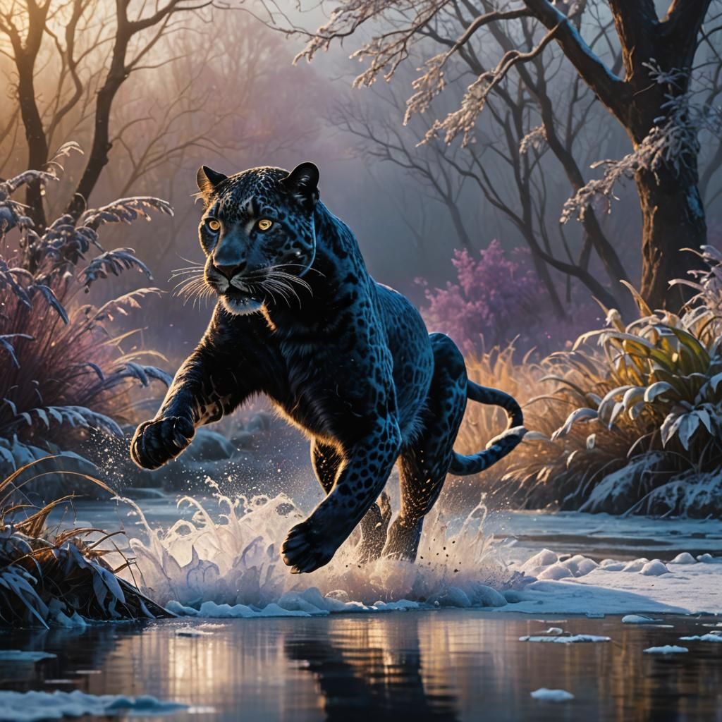 Black Leopard Leaps Across River in Matte Painting