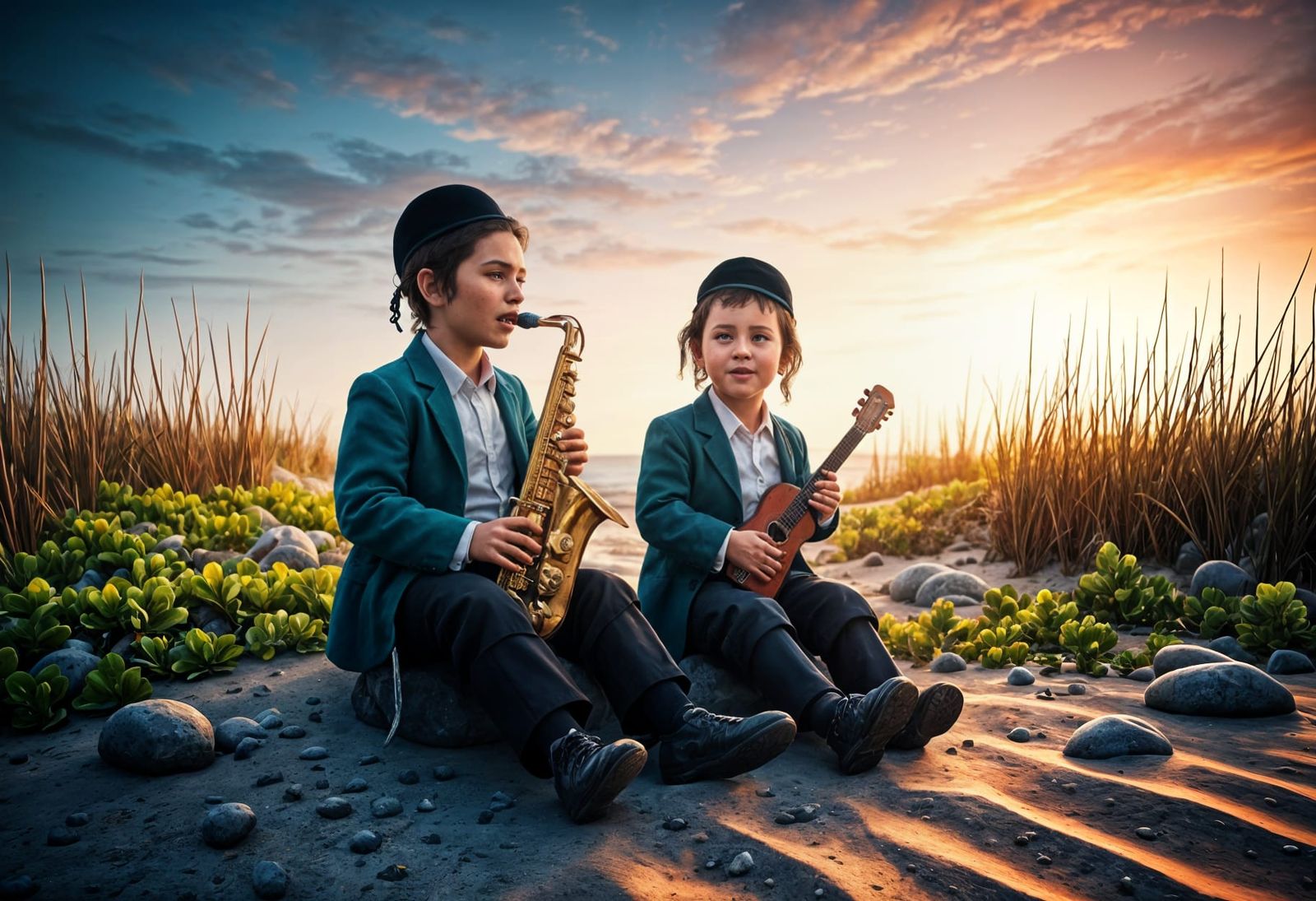 שני ילדים חרדים חסידים שמחים יושבים על החוף בבגדי חג, אחד מנגן בגיטרה ואחד בסקסופון