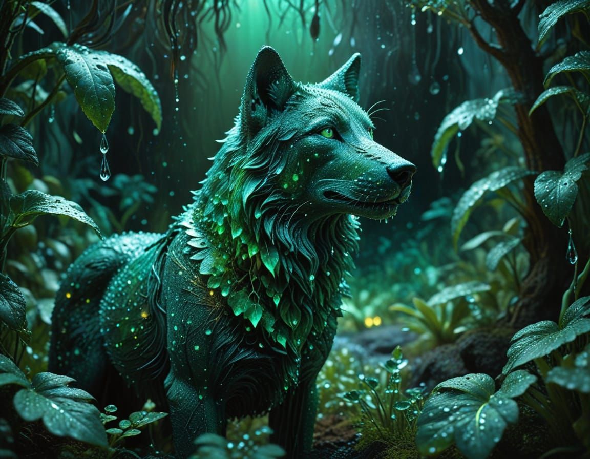 Surrealism. Close-up. Glowing emerald green liquid droplets float in the air among a dark organic landscape. ...  by @manozavr