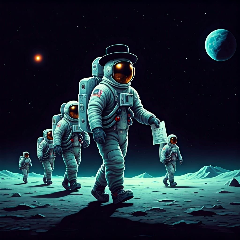 Astronauts on the Moon in Whimsical Style