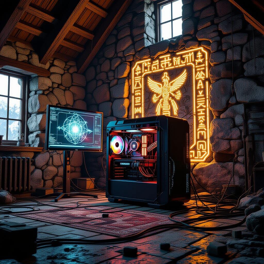 quantum tower PC is inside forgotten farmhouse in scandinavia .. cables running to an dispay on the wall hieroglyphs allaround