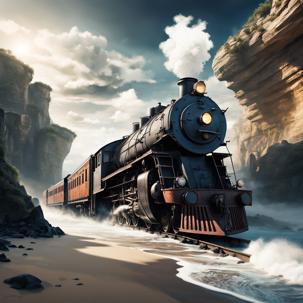 Create a surreal coastal panorama where land and sea seem to intersect.
On the shoreline, depict an enormous steam locomotive emerging from ...