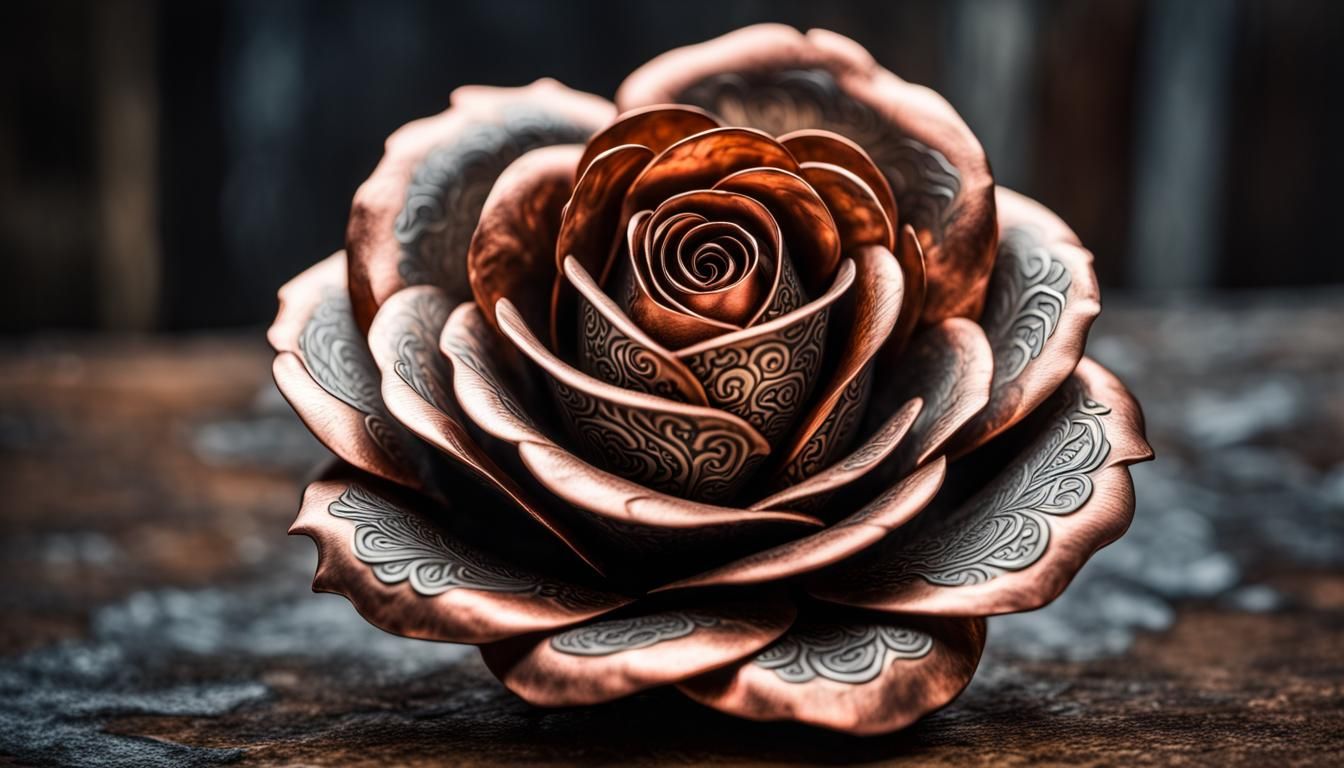 A single rose, made from damascus copper and steel  by @undefined