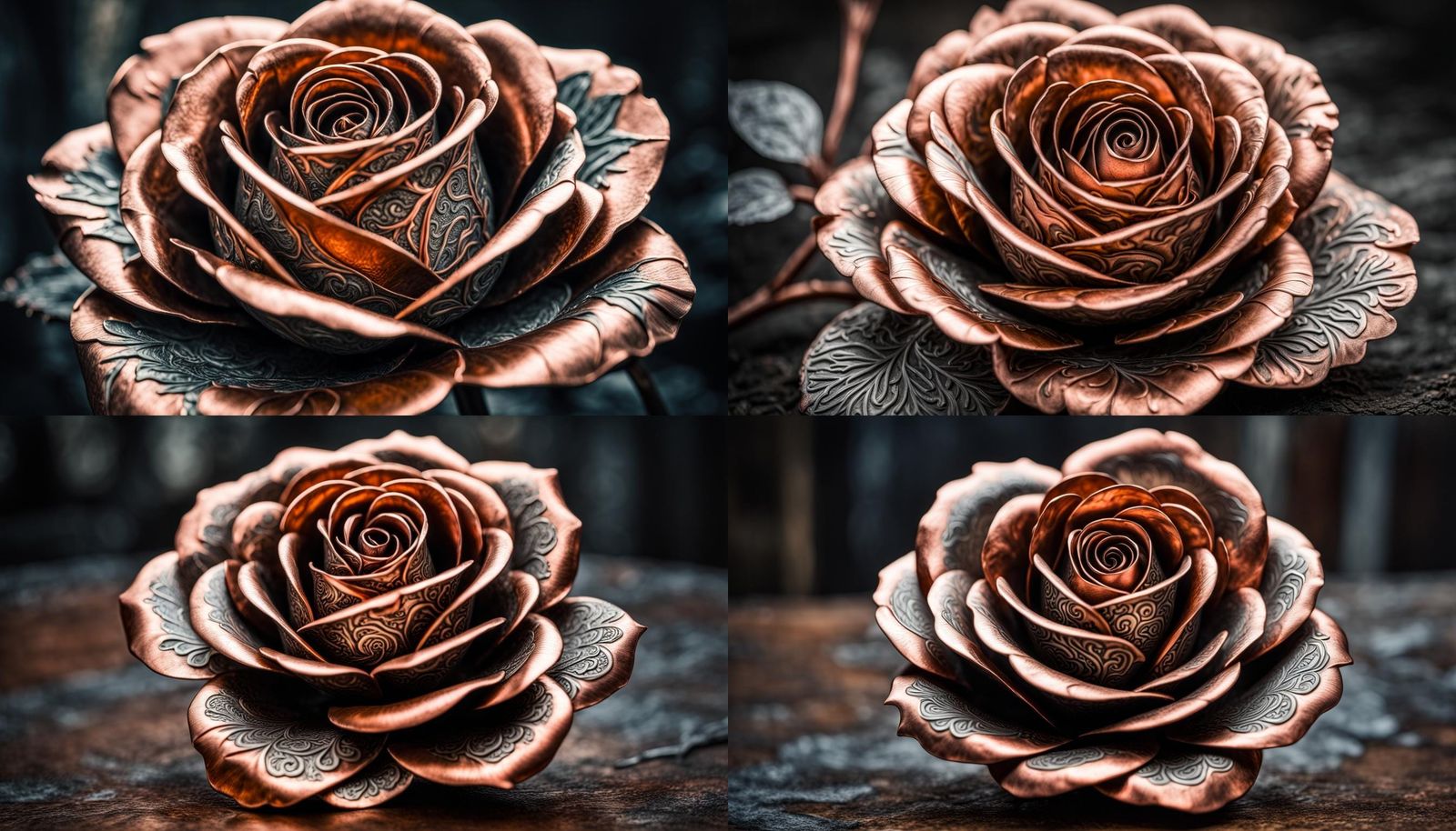 A single rose, made from damascus copper and steel