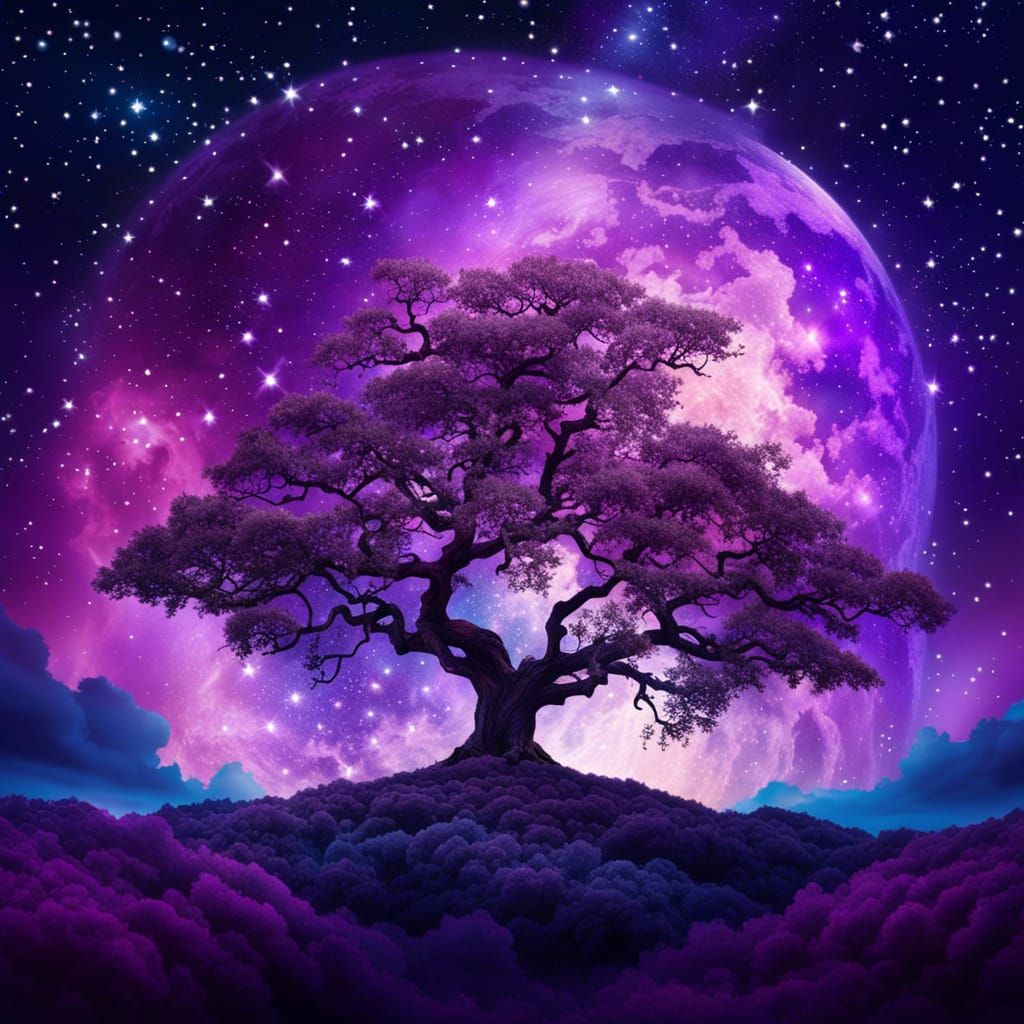 A magical tall oak tree with leaves made of purple clouds on a star ...