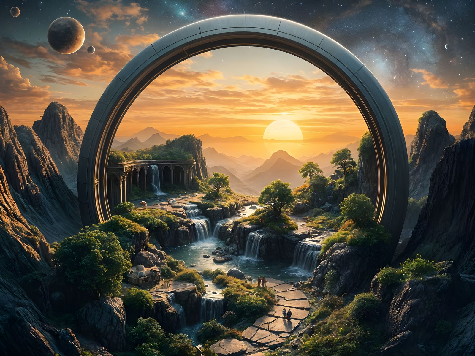 tiny, self-contained ecosystem inside a semisolid architectural spherical spacestation, distant celestial ...  by @tsahel