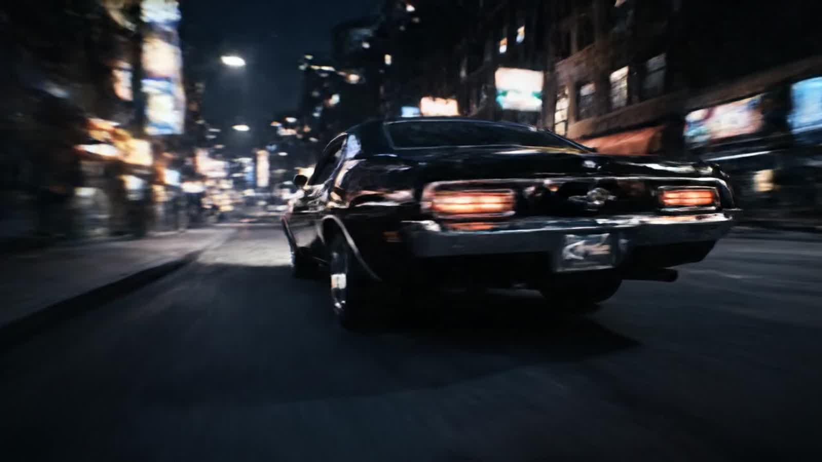 a classic muscle car chase, tracking shot from the back right wheel; vintage high-speed pursuit with chrome reflections,...
