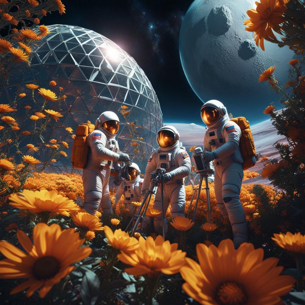 Three men in spacesuits tending to the flowers in a geodesic...