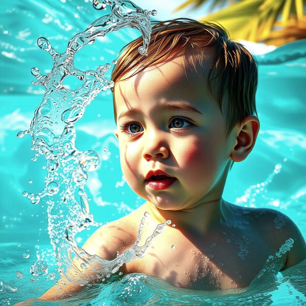 Uma criança brinca da água do mar transparente. Hyperrealistic, splash art, concept art, mid shot, intricately detailed, color depth, dramat...