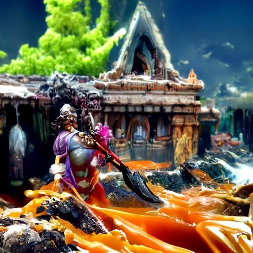 Lord Parashuram, travelling around the world, killing demons...