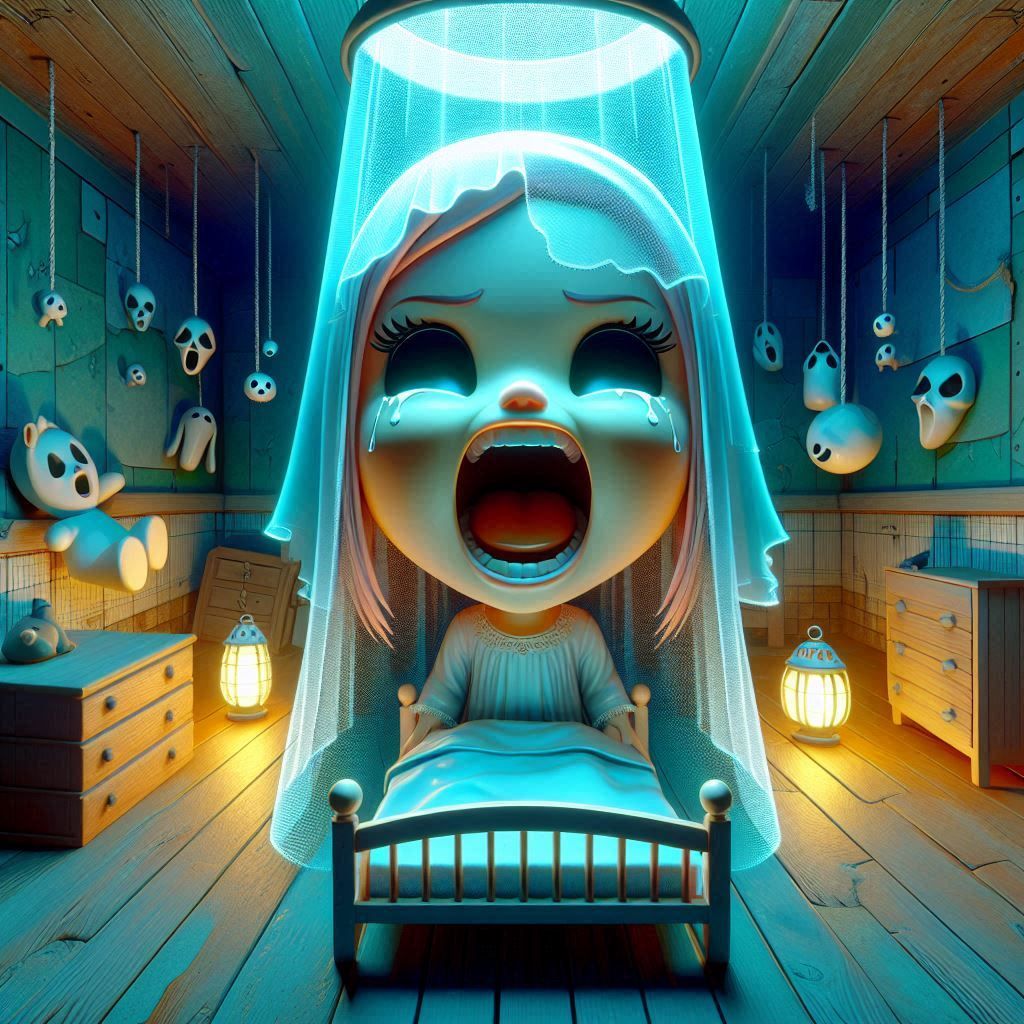 creepy cartoon style image of a children's room in the basem...