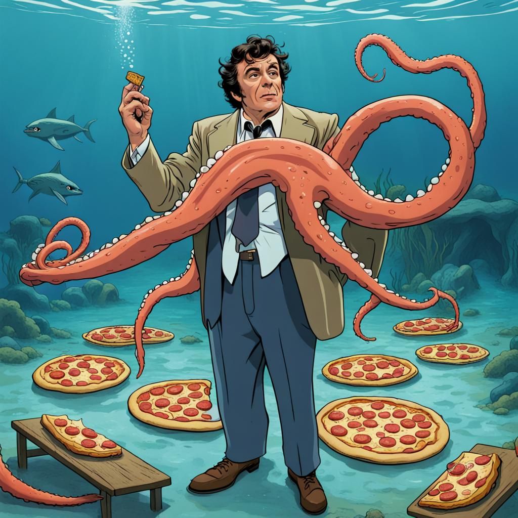 Columbo delivers pizza underwater while grappling an octopus