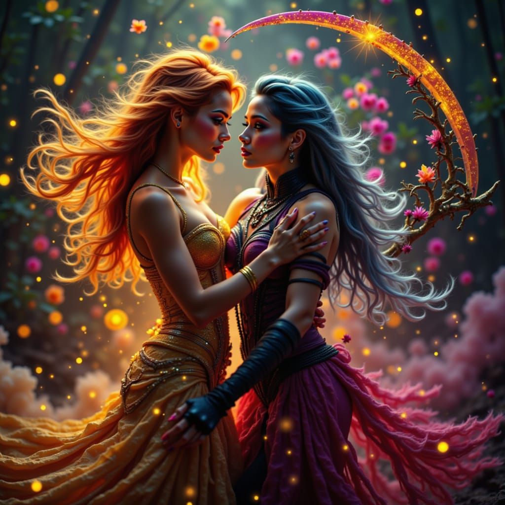 Life & Death: A Dance

The words ‘Life & Death’ are written across the bottom of the image in blood red and gold script.

Two ethereal women...