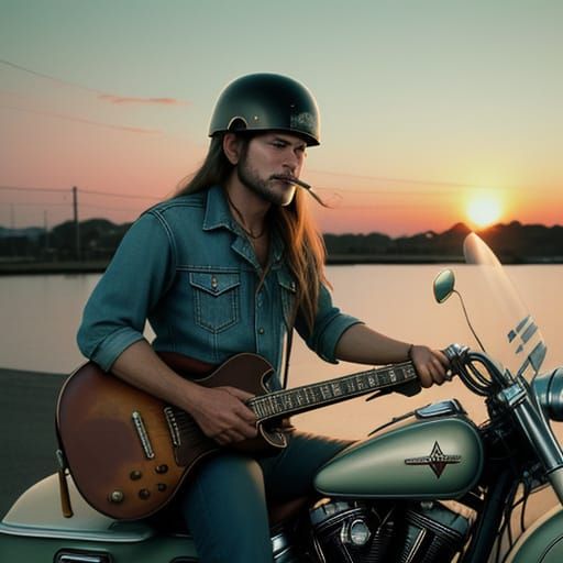Harley Davidson Motorcycle on Beach at Sunset