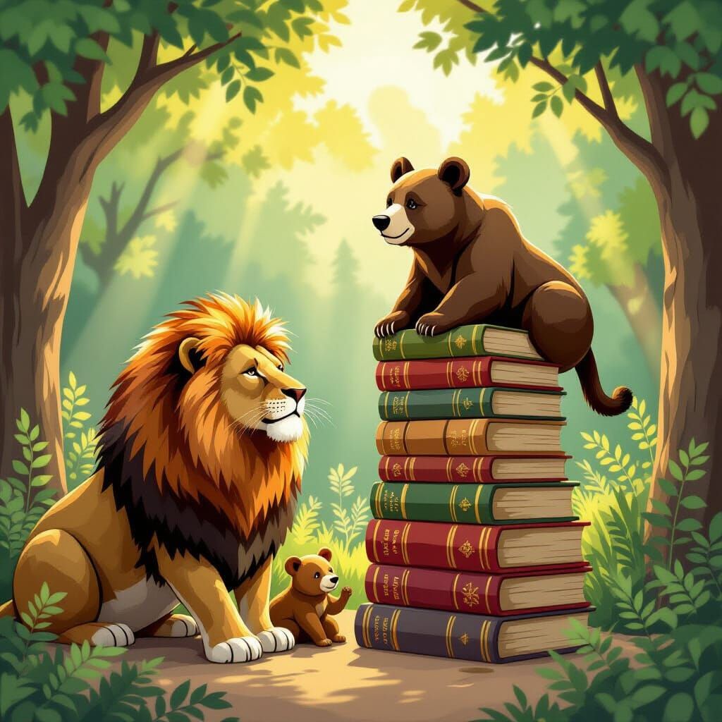 Whimsical Zoo Scene With Bear, Lions, and Books