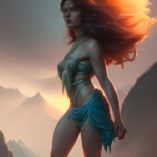 A beautiful female Goddess emerging from a majestic mountain...