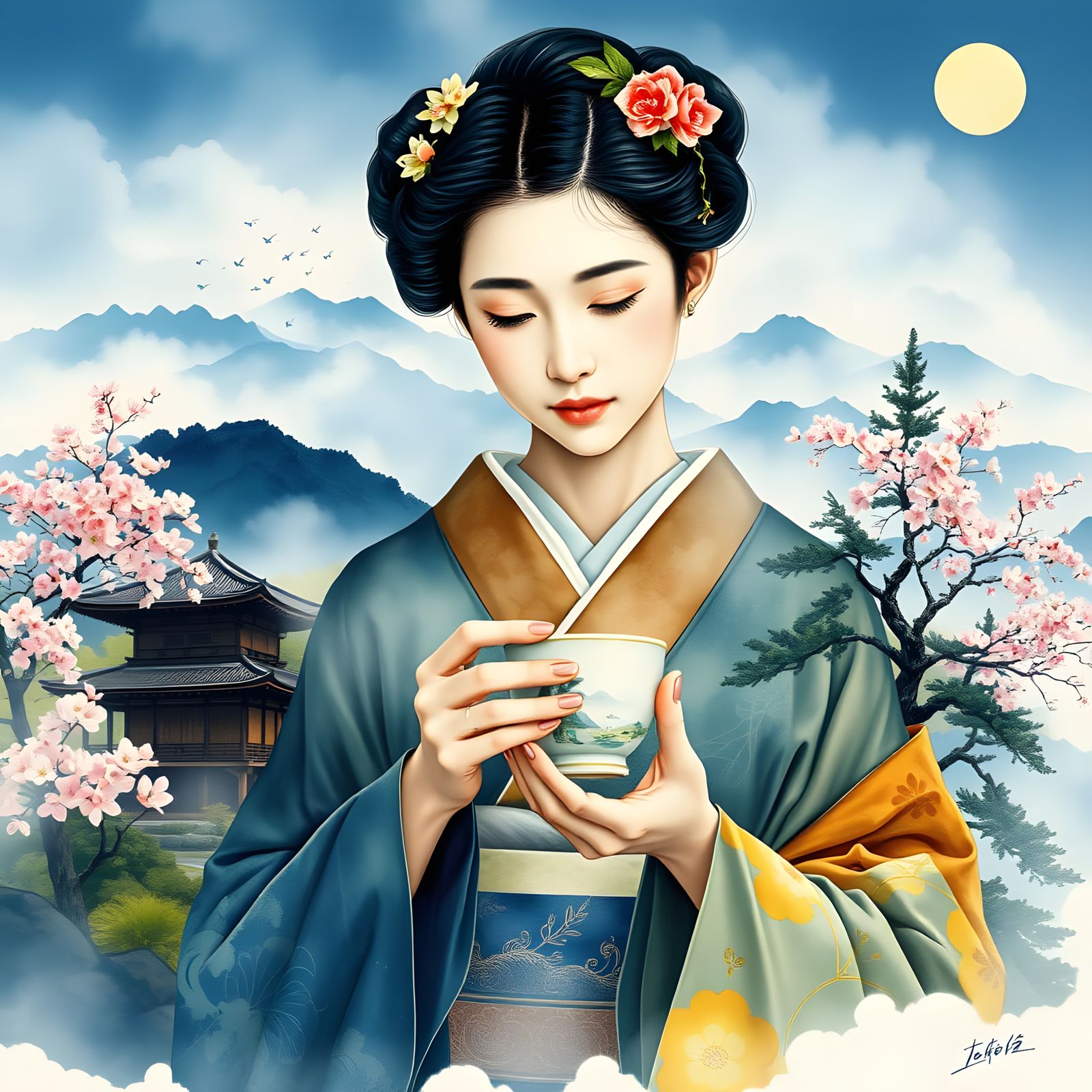 Dreamy Japanese Landscape in Watercolor with Selective Color