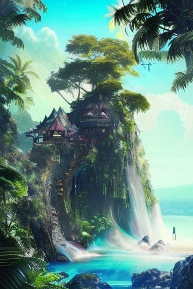 beautiful tropical beach, a House on top and waterfall