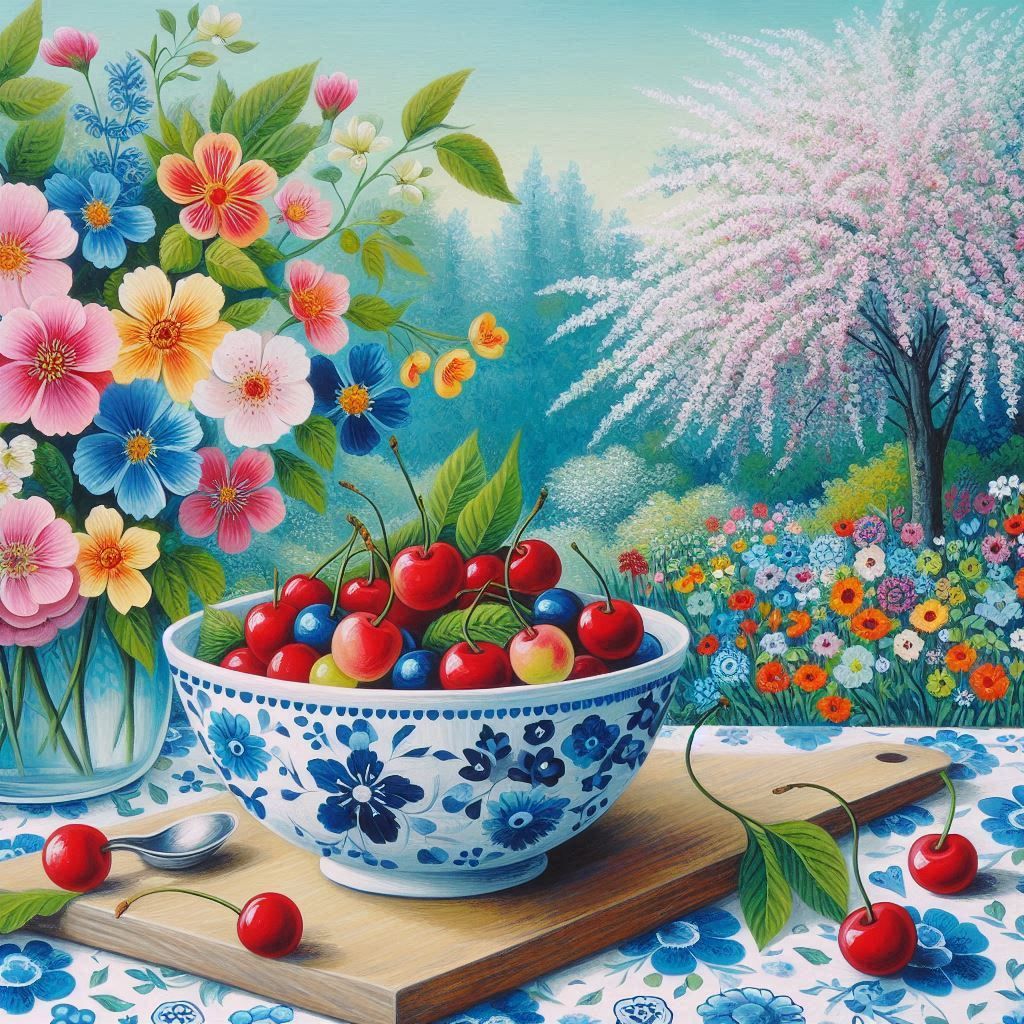 Paisaje pintura acrílica, cerezo, flores, bol, cerezas....