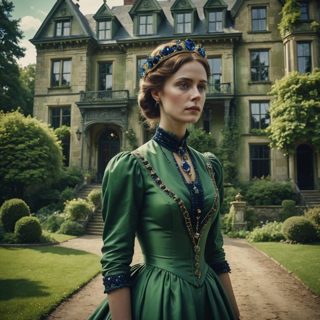 Victorian lady in green dress with sapphires, in front of he...
