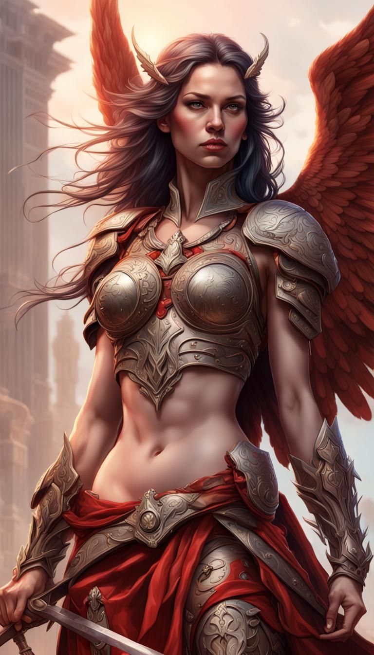 beautiful angel warrior women, red wing, red armor, visible ...