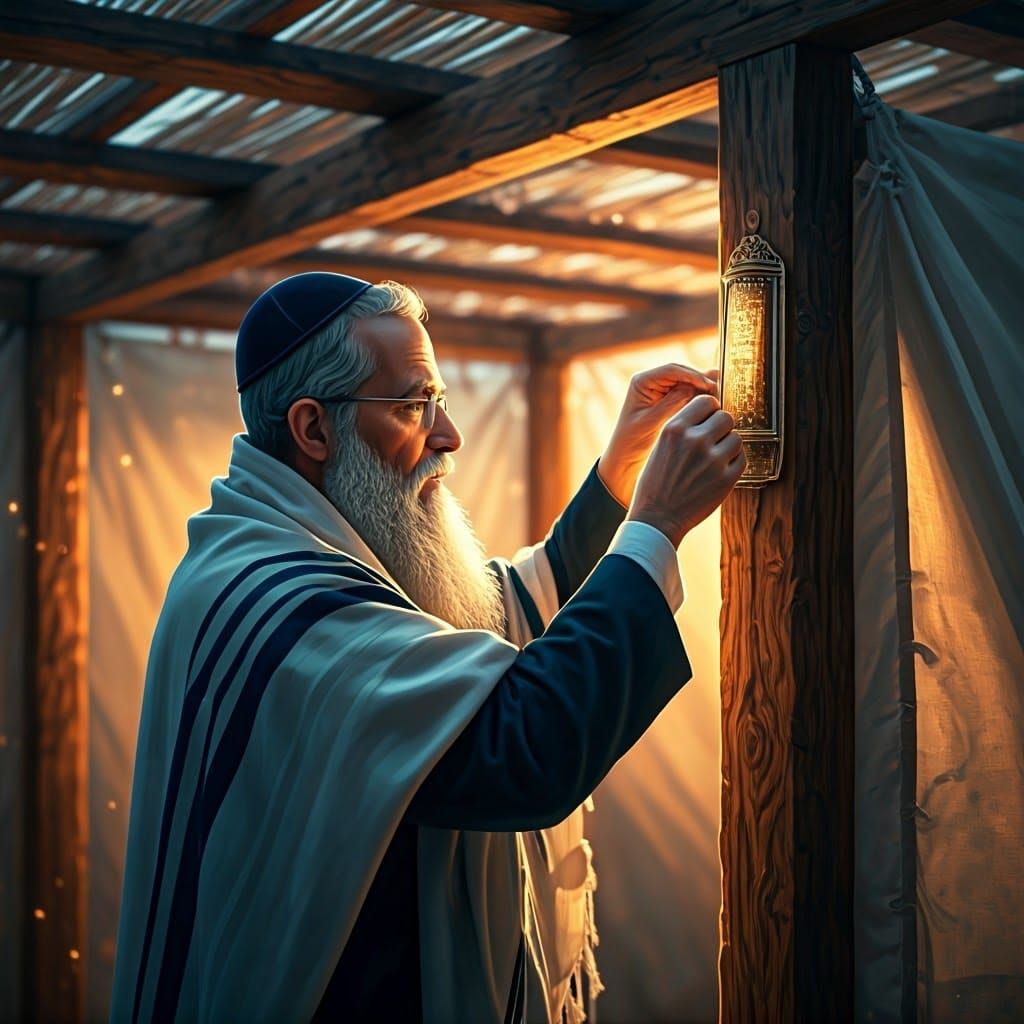 Jewish Man Places Mezuzah on Sukkah, Golden Light