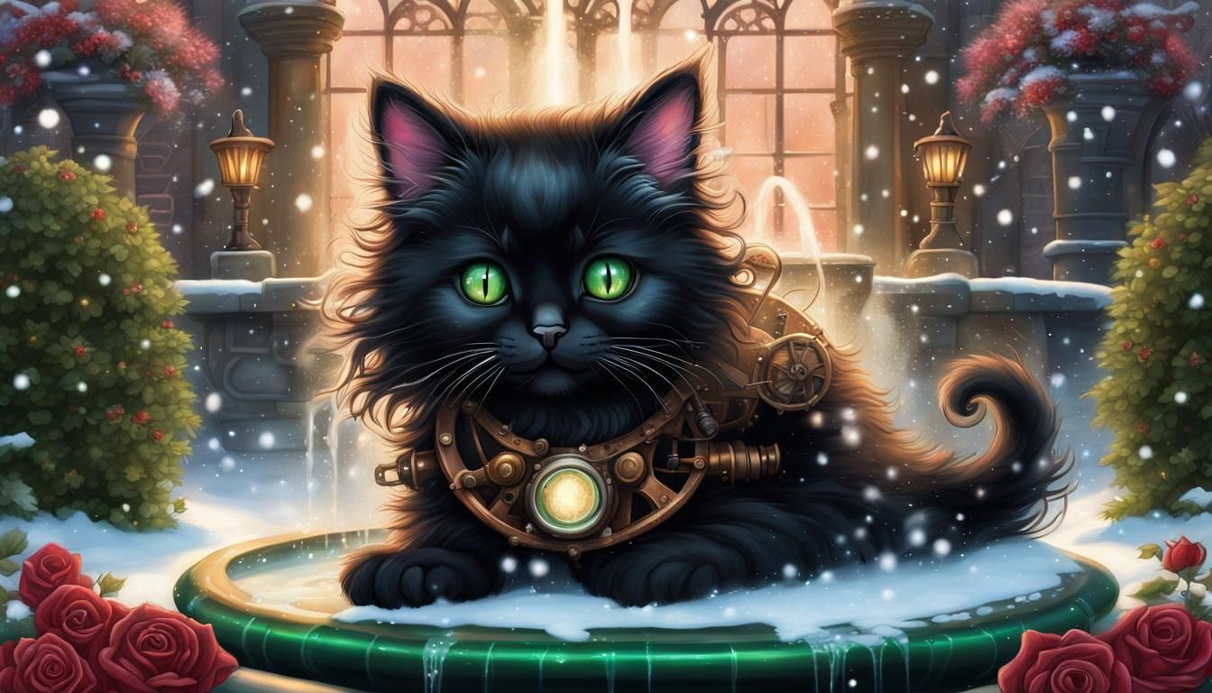 Steampunk longhair black kitten sat on fountain in garden