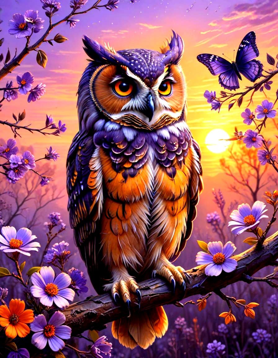 A purple and orange owl  by @Ylona