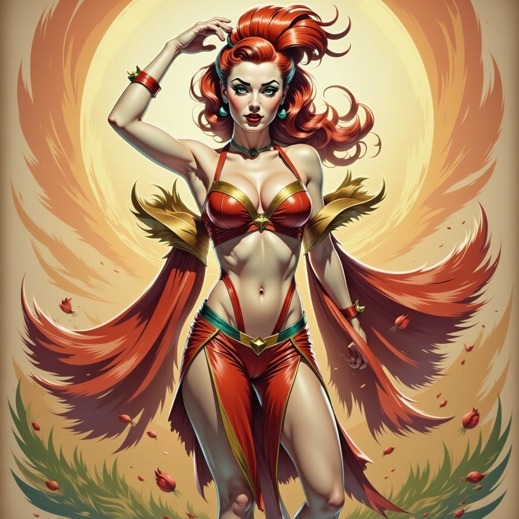 4K anime style quality, digital drawing mode, rooster-themed female character, long flowing fiery red hair with golden feather-like tips, gl...