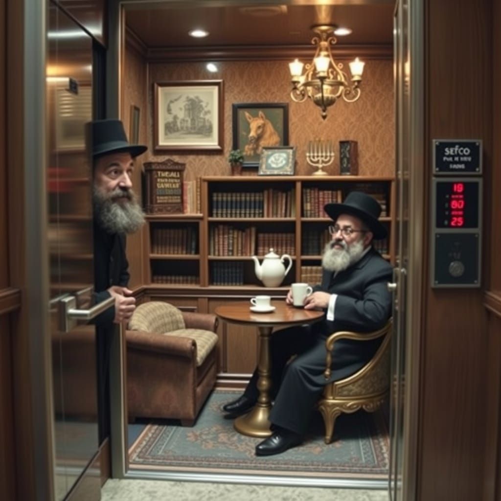 Absurd Scene of Tiny House in Elevator, Orthodox Jewish Men ...