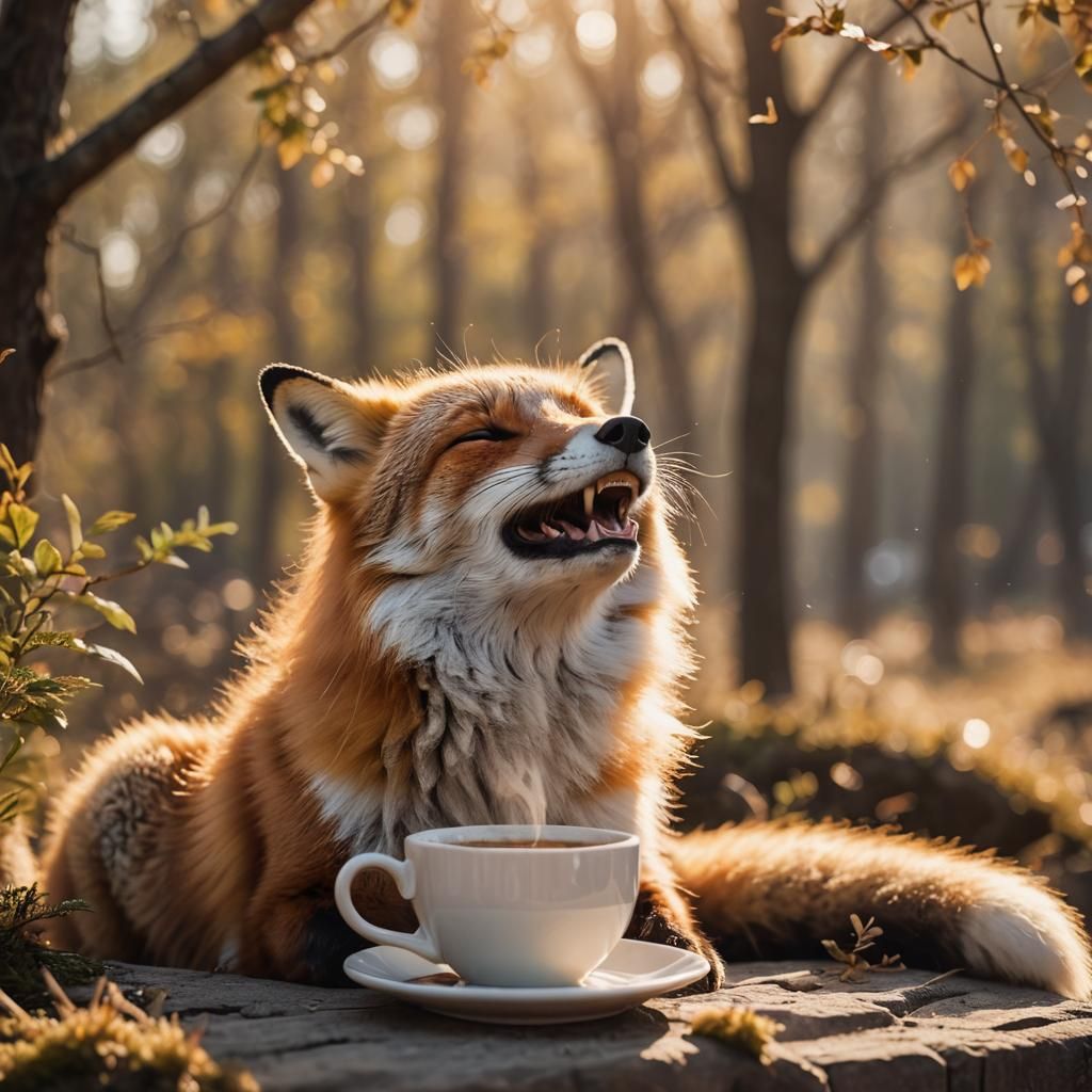 Lazy fox just woke up and sips her first coffee of the day