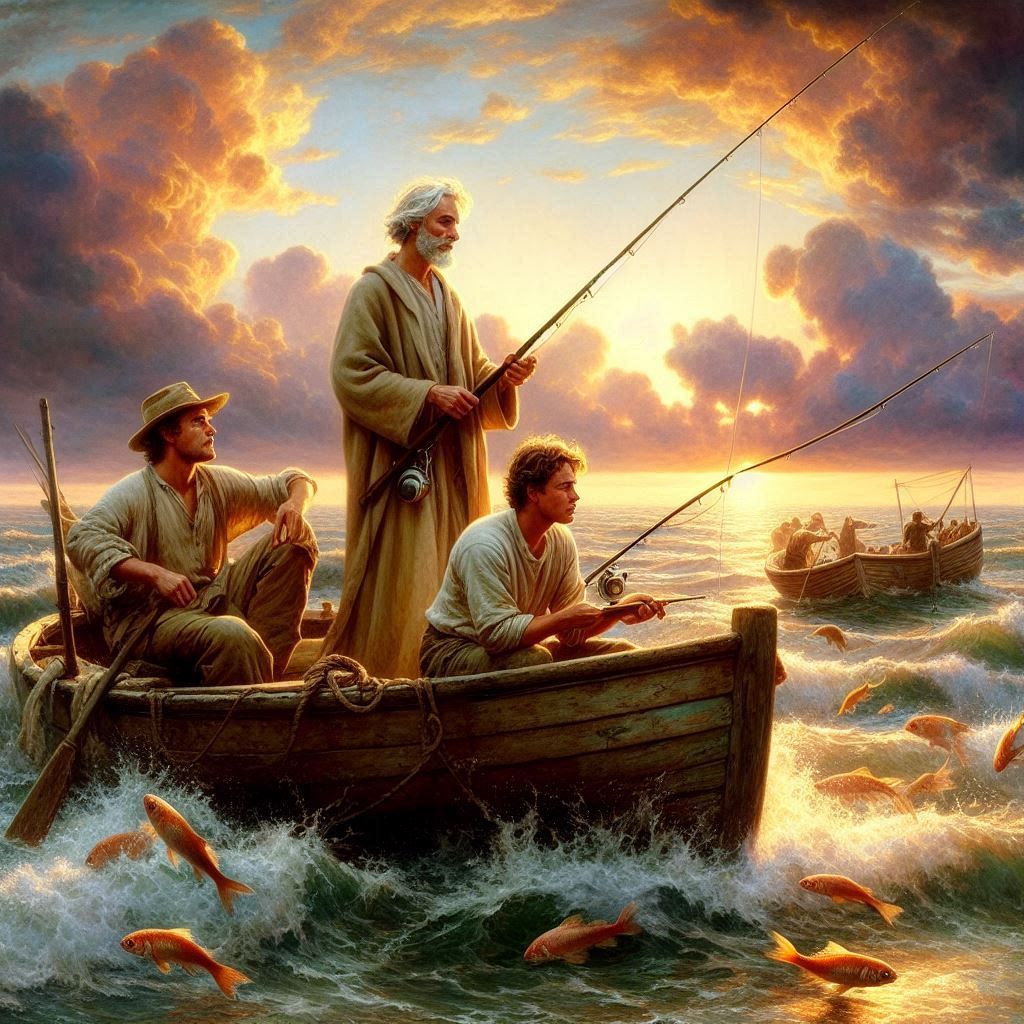 Peter, Andrew and James fishing on the sea in a boat after Jesus was ...