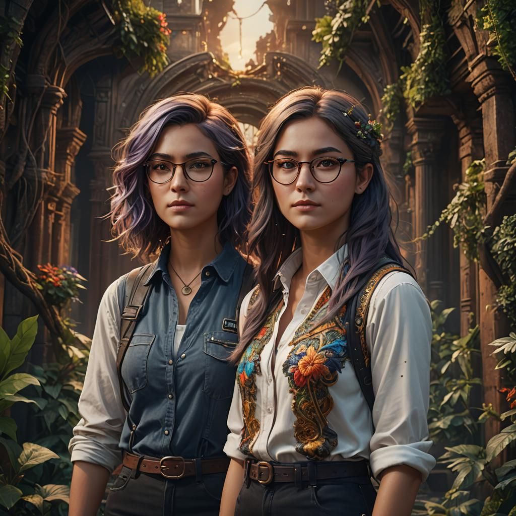 medium shot of lesbian couple, one has long hair the other short hair and  glasses - AI Generated Artwork - NightCafe Creator