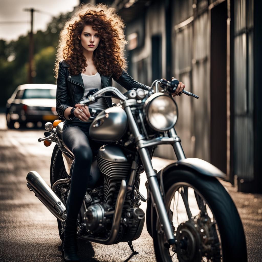 Curly hair girl with motorcycle - AI Generated Artwork - NightCafe Creator