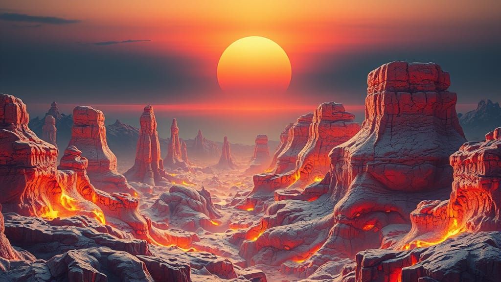 Vast otherworldly landscape at sunset, intricate digital art style, surreal structures resembling eroded ...  by @ le barbouilleur