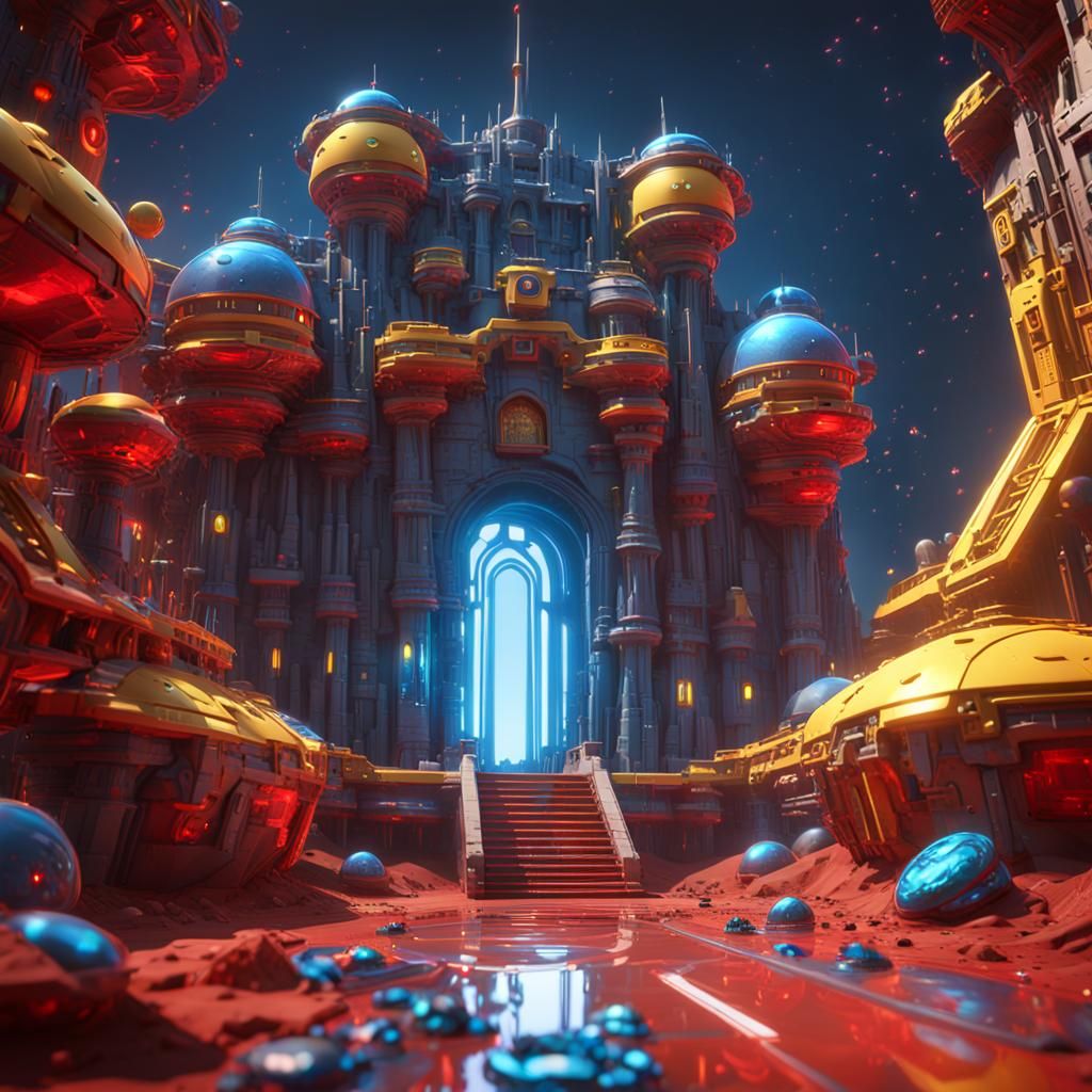 Beautiful martian castle with coloful jewels red, blue and y...