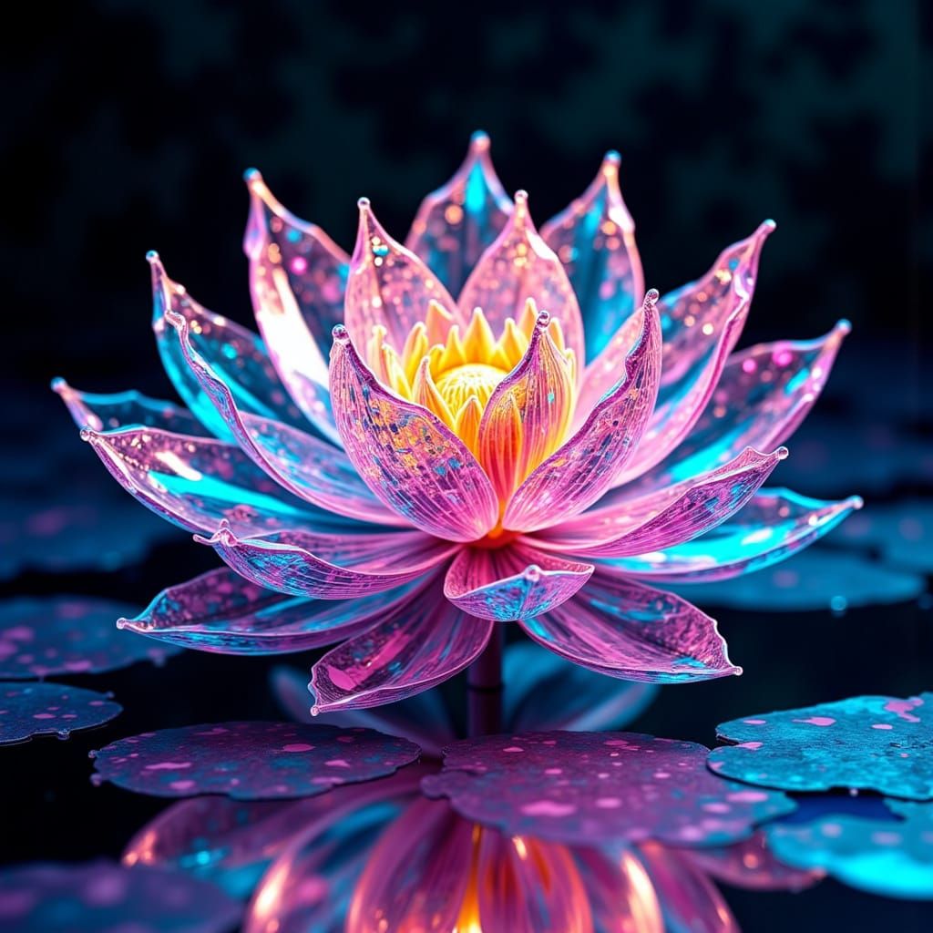 Iridescent Glass Lotus Flower in Vibrant, Magical Fantasy St...