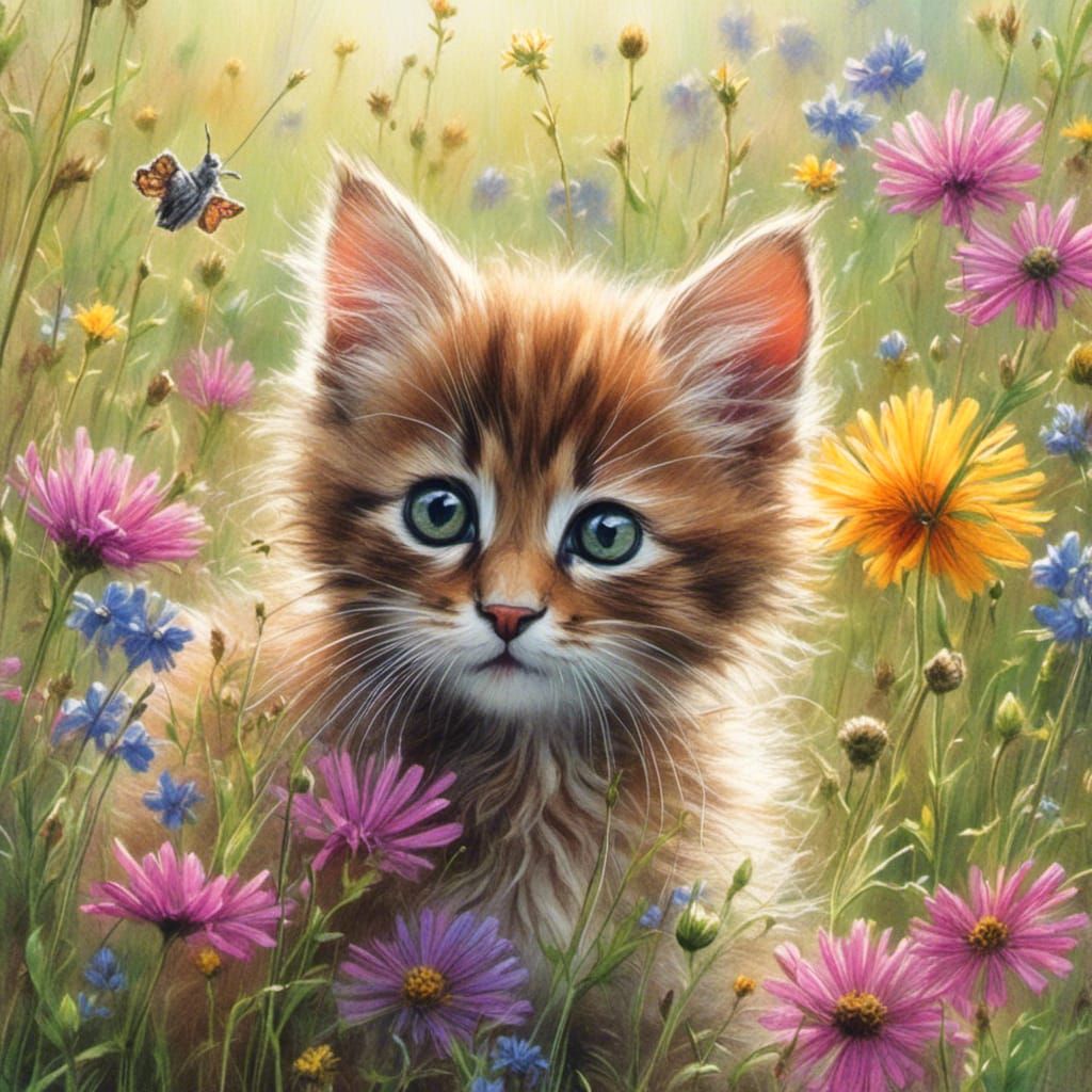 <lora:Pencils and crayons:1.0> (Pencils and colourful crayon) beautiful little brown kitten sat in a Wildflower meadow 
