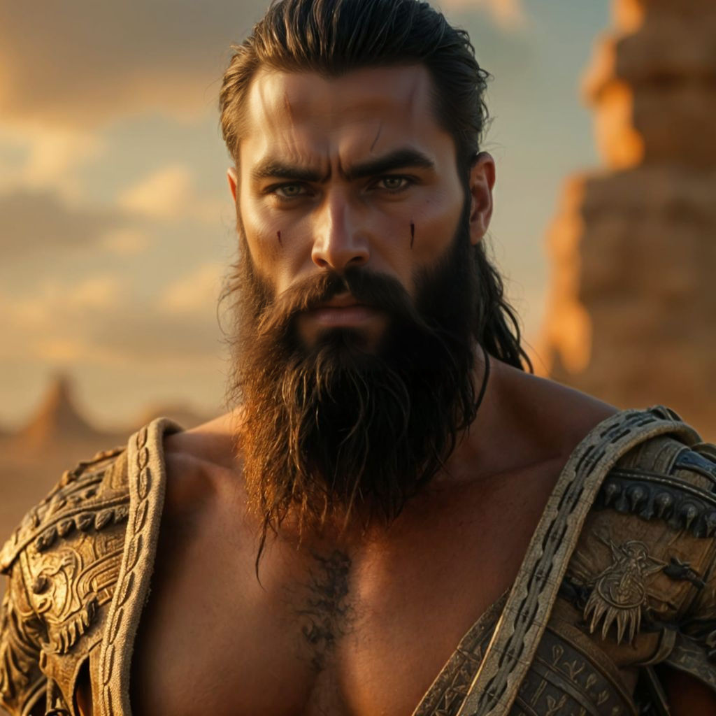 High fantasy epic attractive male desert warrior, bushy beard, warpaint, muscular, scenic desert background, high detail, high quality, corr...