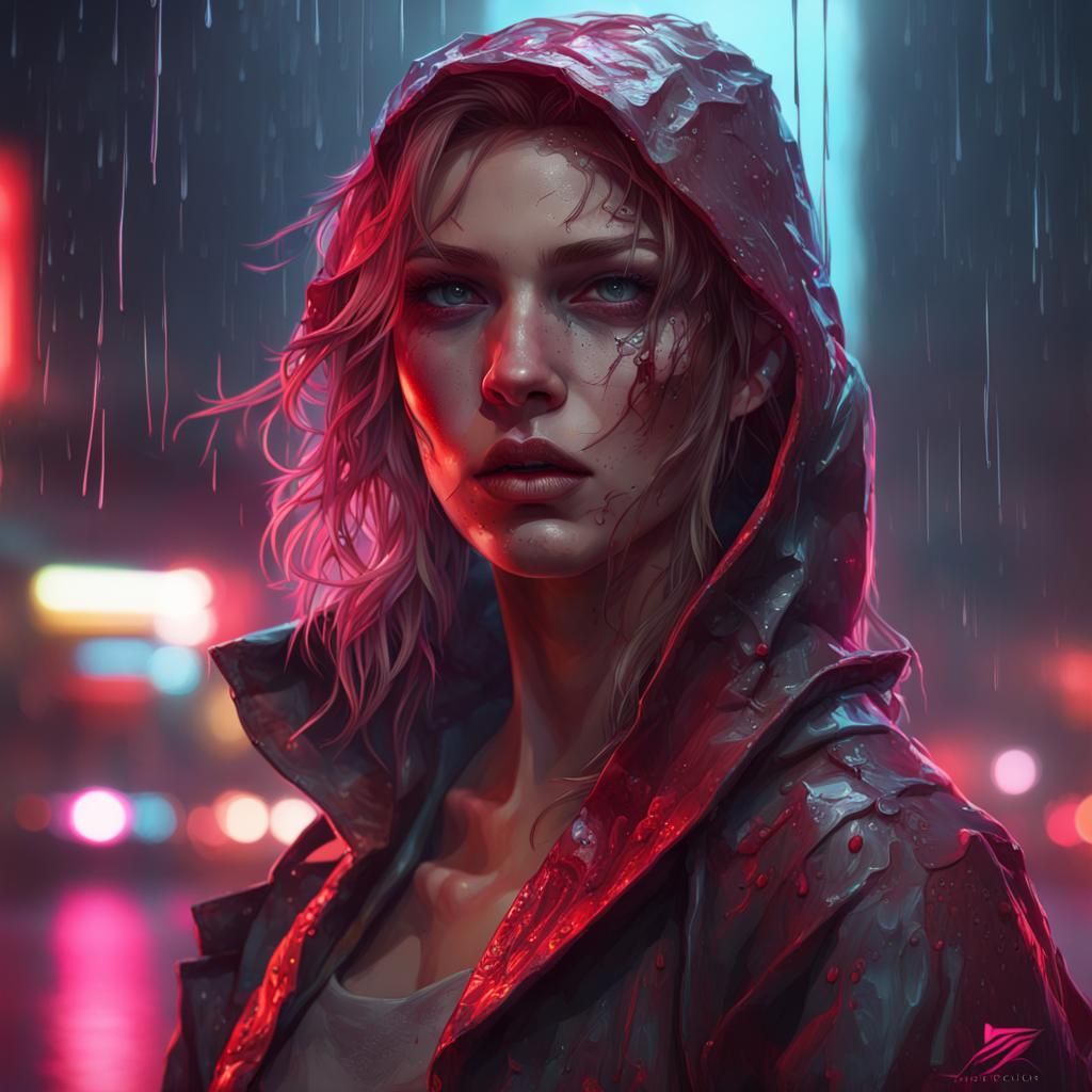 neon lights, blood, wound, women, mission, rain
