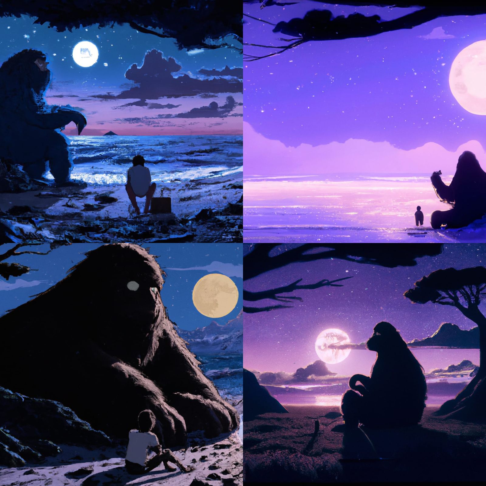 Giant Sasquatch sitting at the beach pointing at a deep purp...