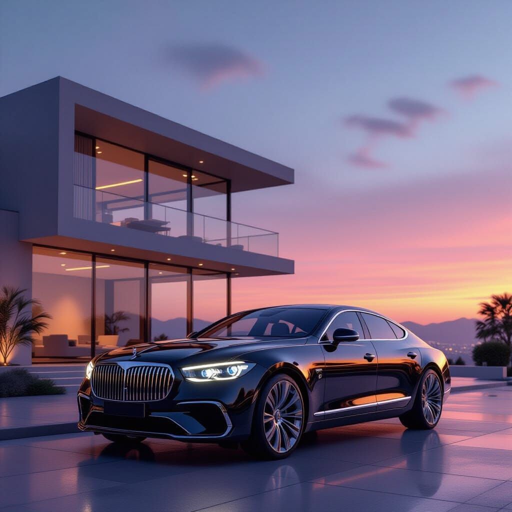 Luxury Car and Grand Villa at Dawn
