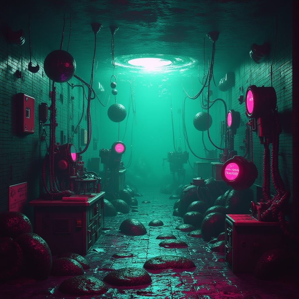 <lora:Submechanophobia v2:0.7>
 Retro videogame scene: 
Liminal Underwater research center, Submechanophobia aesthetic. 
