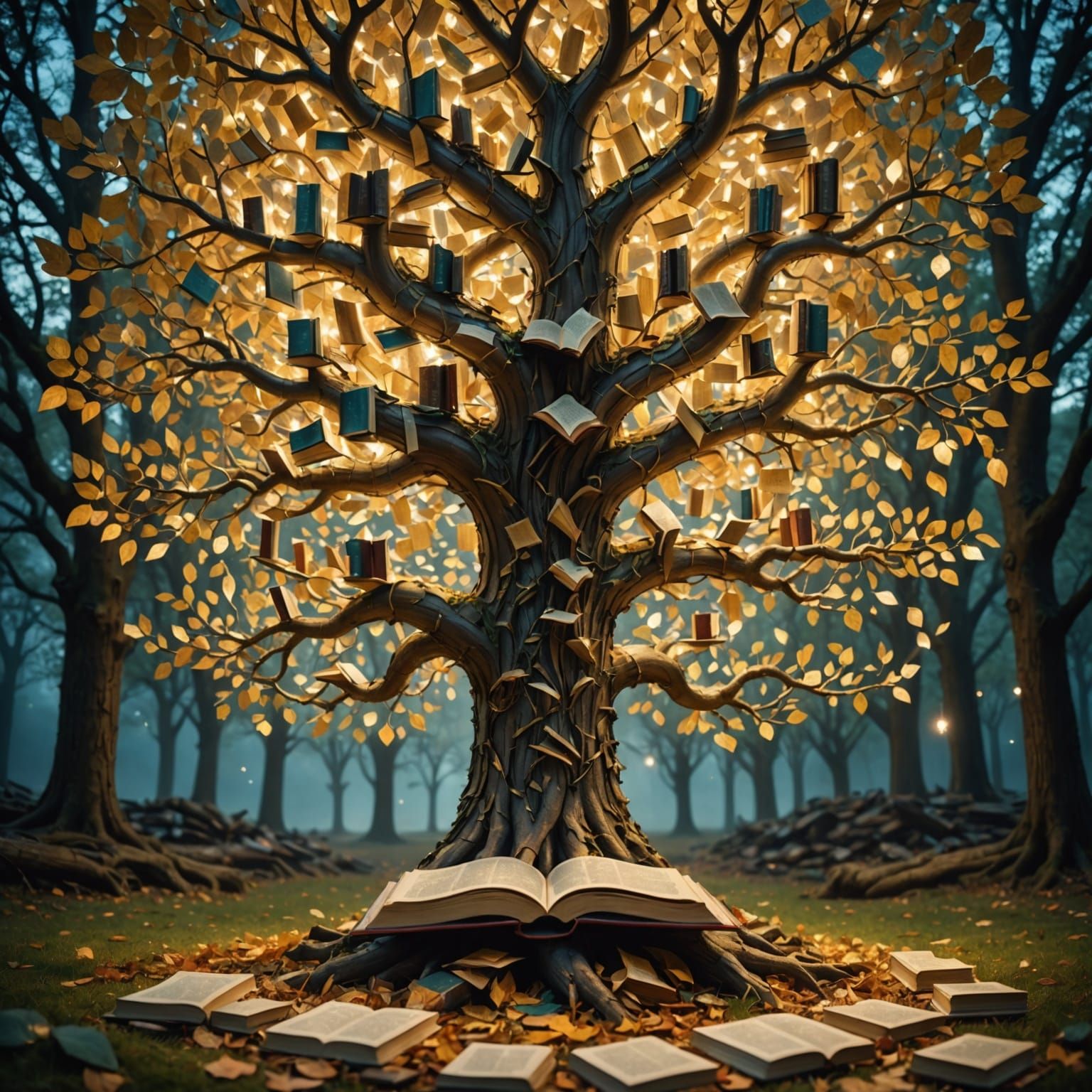 Magical Library Tree in Twilight Forest: Fantasy Concept Art