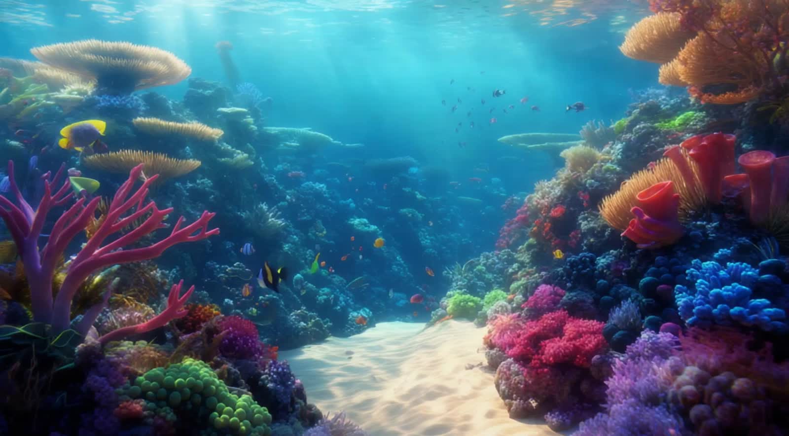 Ocean floor covered in colorful corals and  sea anemones. Beautiful fish swim in the background.