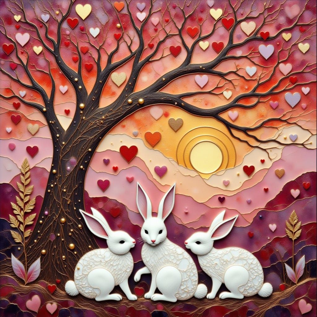 cute white bunnies, A tree.  Heart shaped leaves. Masterpiece. By Odilon Redon, Milo Manara, kintsugi mosaic design :: large heart at sunset...