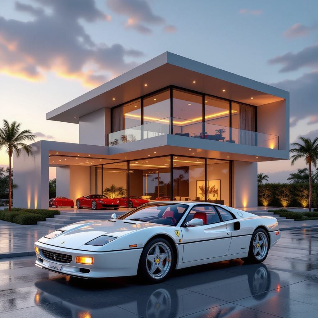 White Ferrari at Ultra-Luxurious Modern Mansion