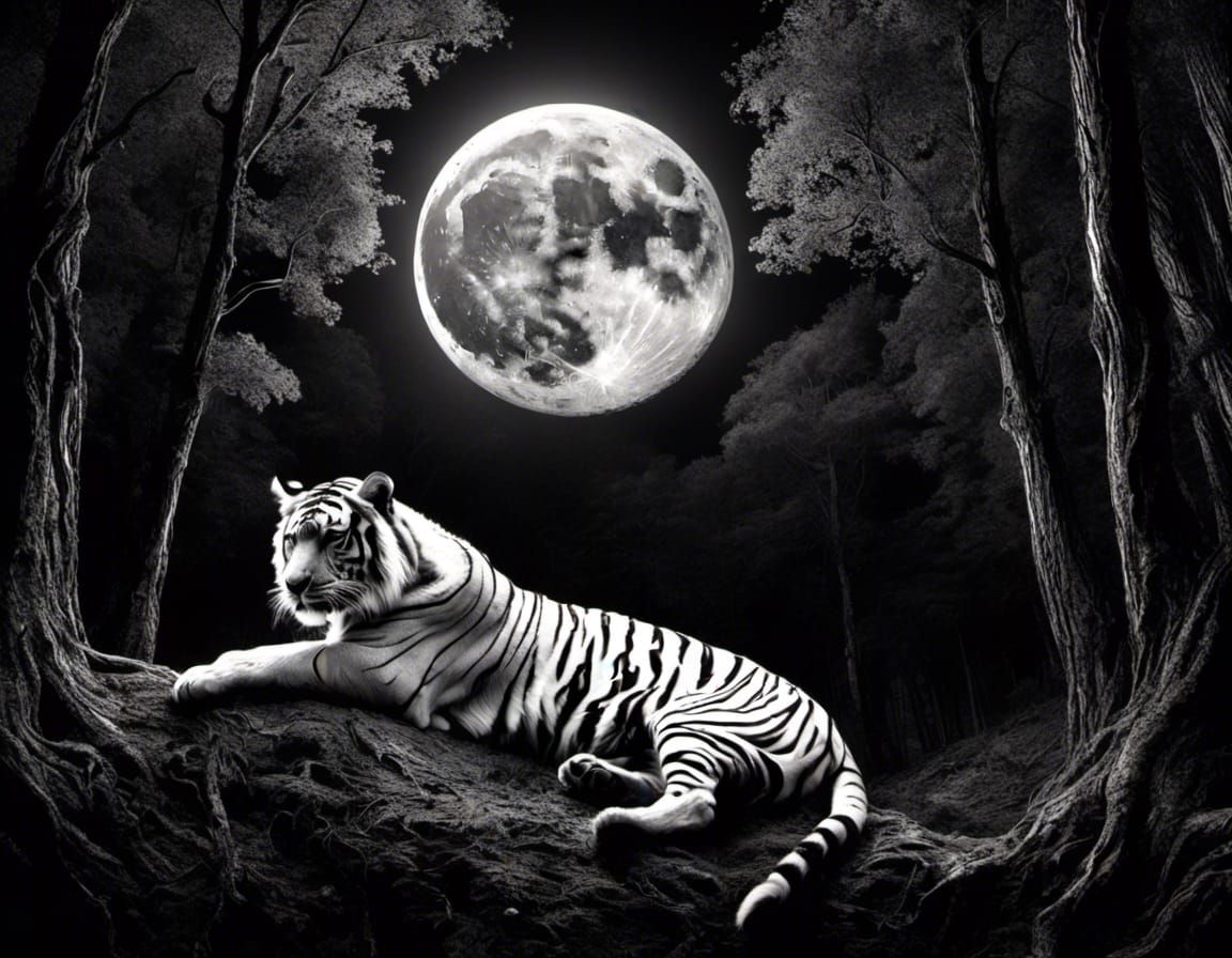 <lora:Negative Glow:1.0> negative light black and white black backdrop glow haunted tiger full length portrait low angle forest finely deta...