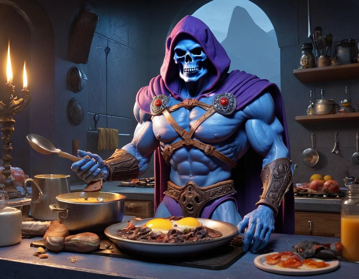 Skeletor cooking breakfast, masters of the universe, MOTU,
